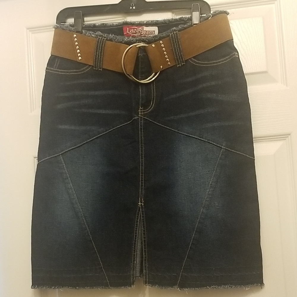 Dark Wash Denim Skirt with Brown Belt